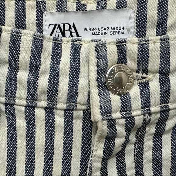 287 ZARA | EUC Serbia Blue Off - White Striped High Rise Flare Jeans (Size 2) - Picture 5 of 13